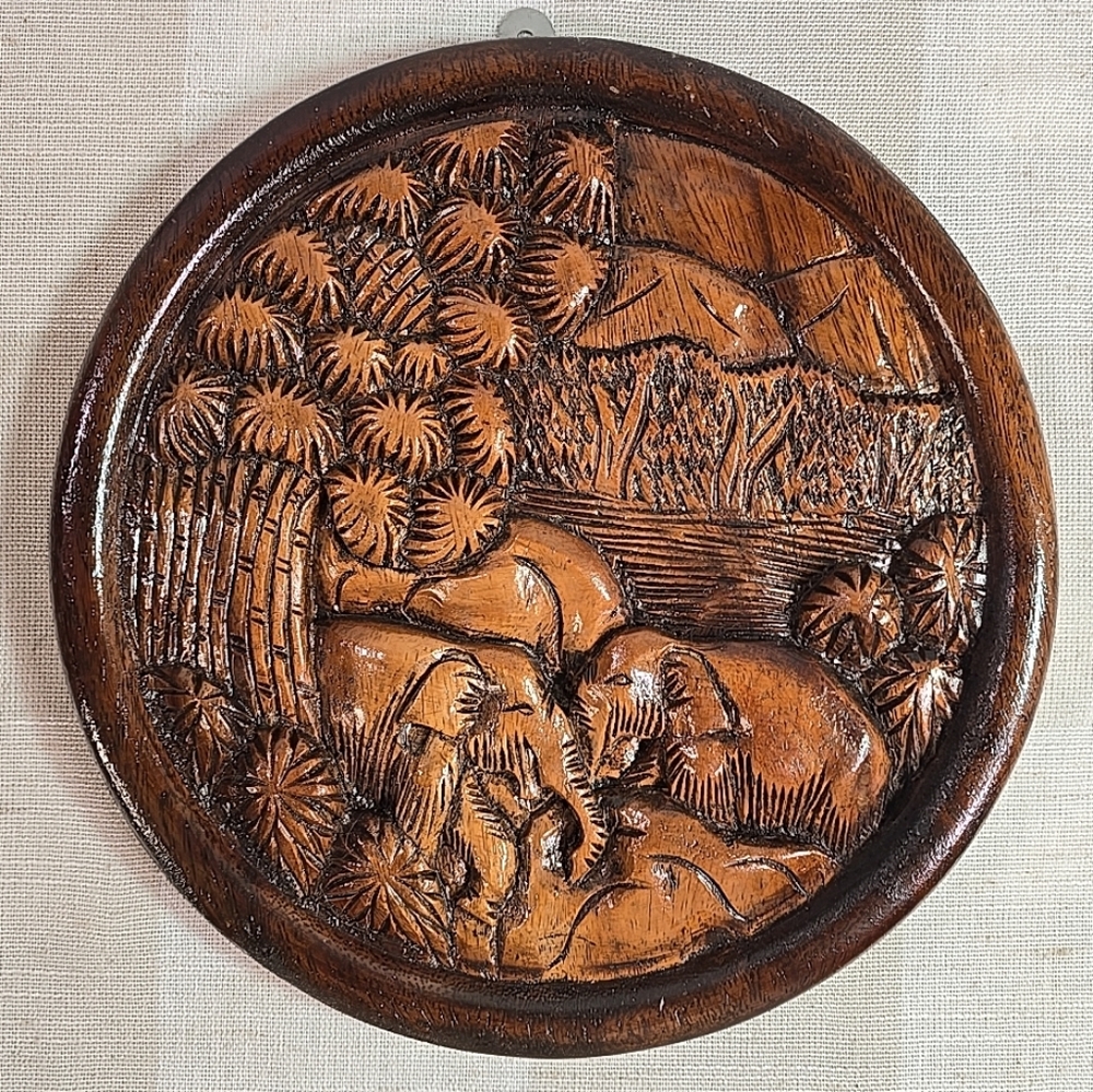Elephant Wood Carved Sculpture Wooden Wall Hanging Decor Vintage Art Plaque 10"